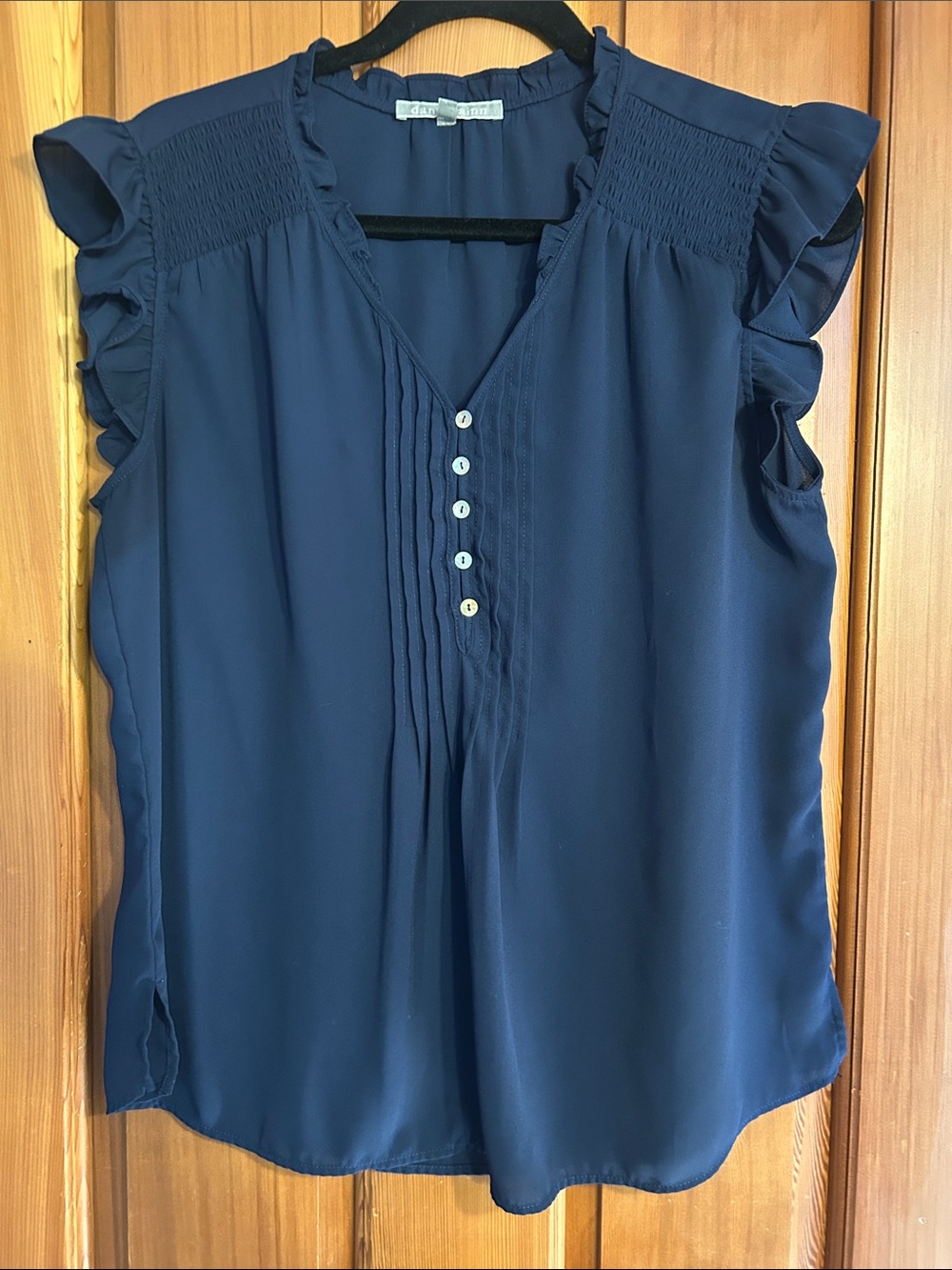 Daniel Rainn Navy Pintuck Ruffle Sleeve Blouse